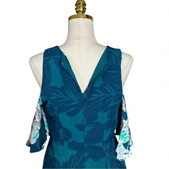 ANTHROPOLOGIE MAEVE | Elia Floral Open - Shoulder Dark Turquoise Dress Size 8 - Picture 10 of 13